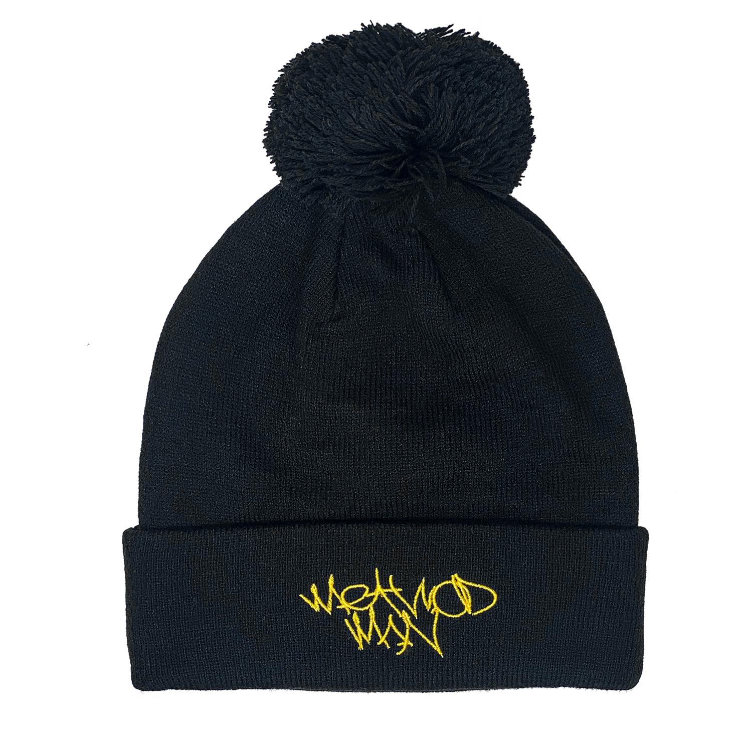 TICAL Hand Lettered Knit Cuffed Beanie with Pom Black and Yellow