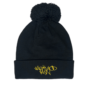 TICAL Hand Lettered Knit Cuffed Beanie with Pom Black and Yellow
