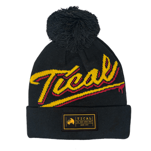 TICAL Hand Lettered Knit Cuffed Beanie with Pom Black and Yellow